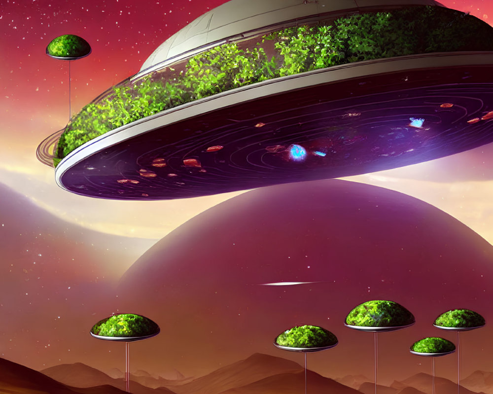 Large hovering UFOs with greenery above desert landscape under reddish sky and distant planet.