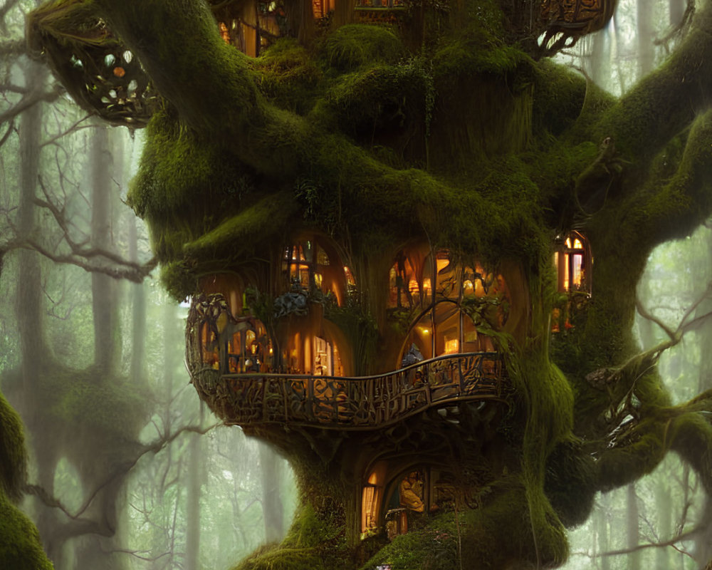 Moss-Covered Treehouse in Mystical Forest with Warm Glowing Lights