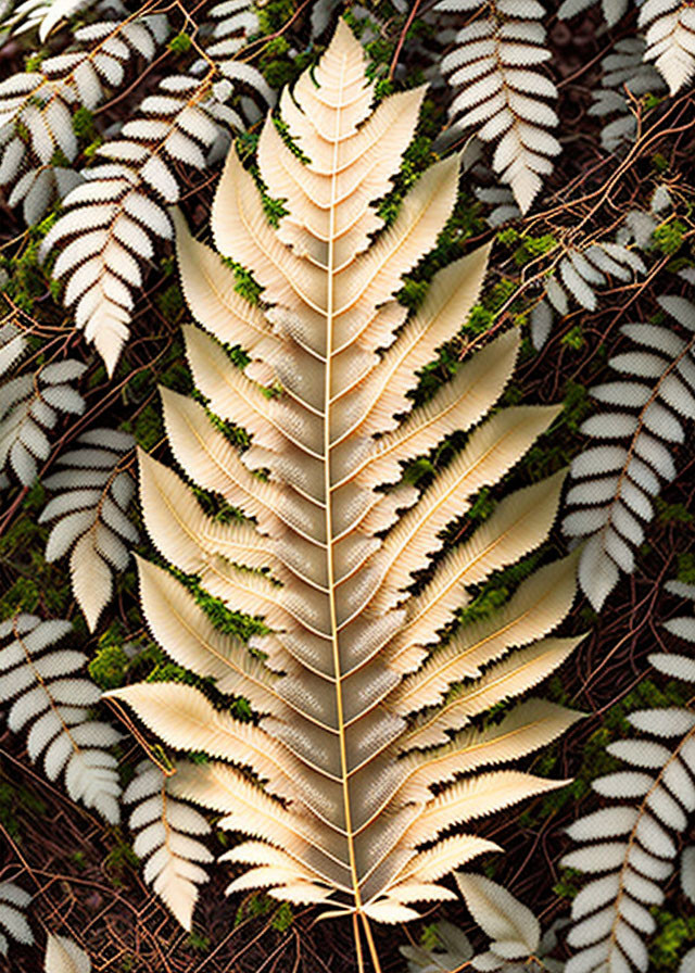 Symmetrical fern leaf with white and green foliage in forest setting