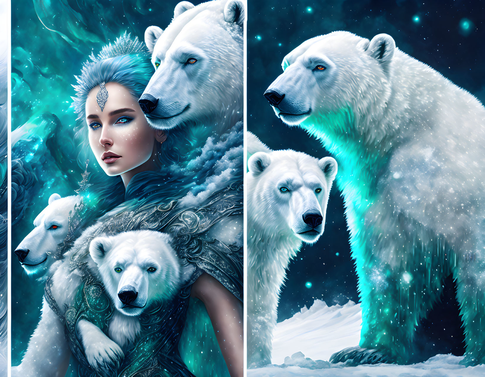 Fantasy illustration: Woman with crown, polar bears, snowy sky