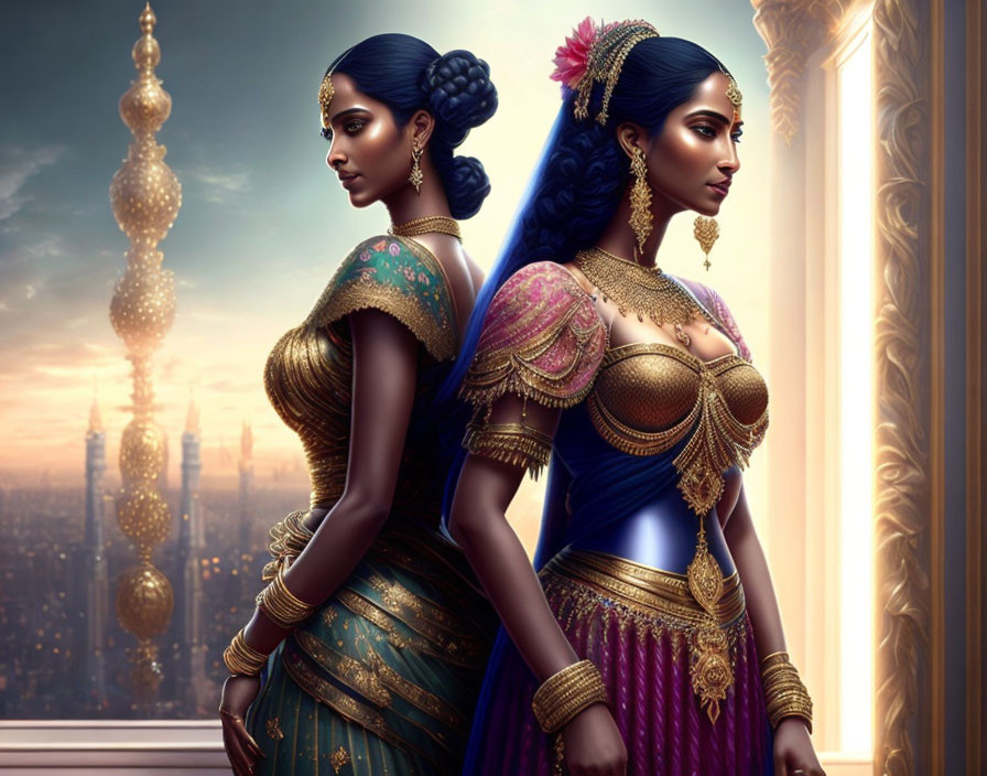 Traditional Indian Attire: Two Women by Window with Ornate Cityscape