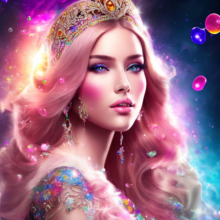 Fantastical portrait of woman with pink hair and jeweled crown in cosmic setting.