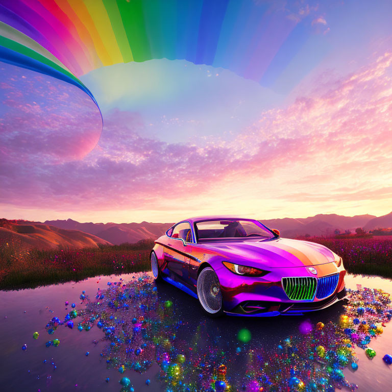 Luxury car with rainbow paint job on glossy surface under surreal rainbow sky