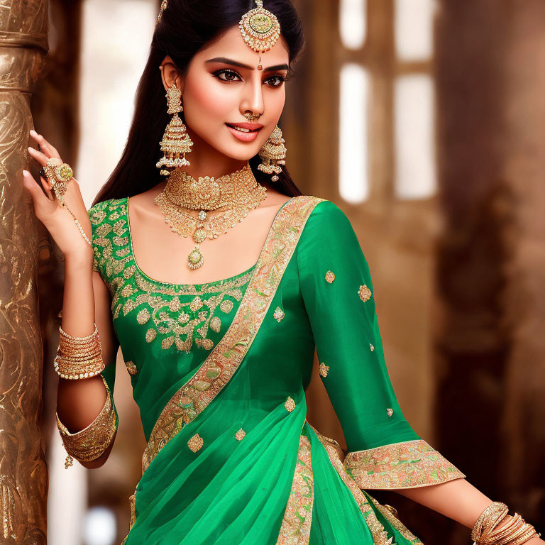 Traditional Indian woman in green saree with gold embroidery and ornate jewelry posing gracefully.