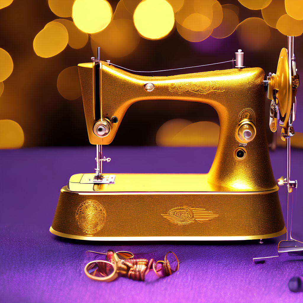 Vintage Golden Sewing Machine on Purple Bokeh Background