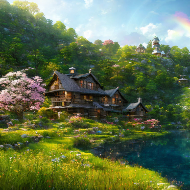 Tranquil lakeside scene with wooden houses, cherry blossom tree, lighthouse, and rainbow.