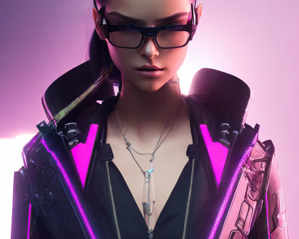 Futuristic female character in sleek sunglasses and neon-accented attire