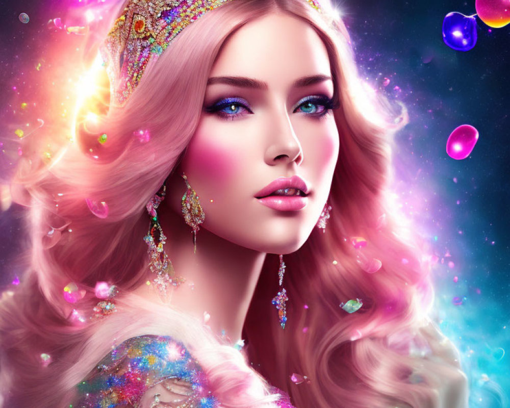 Fantastical portrait of woman with pink hair and jeweled crown in cosmic setting.