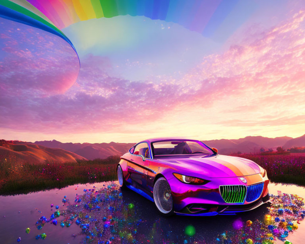 Luxury car with rainbow paint job on glossy surface under surreal rainbow sky