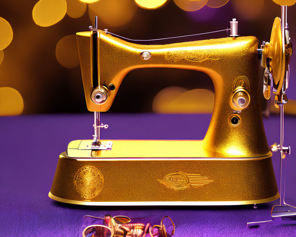 Vintage Golden Sewing Machine on Purple Bokeh Background