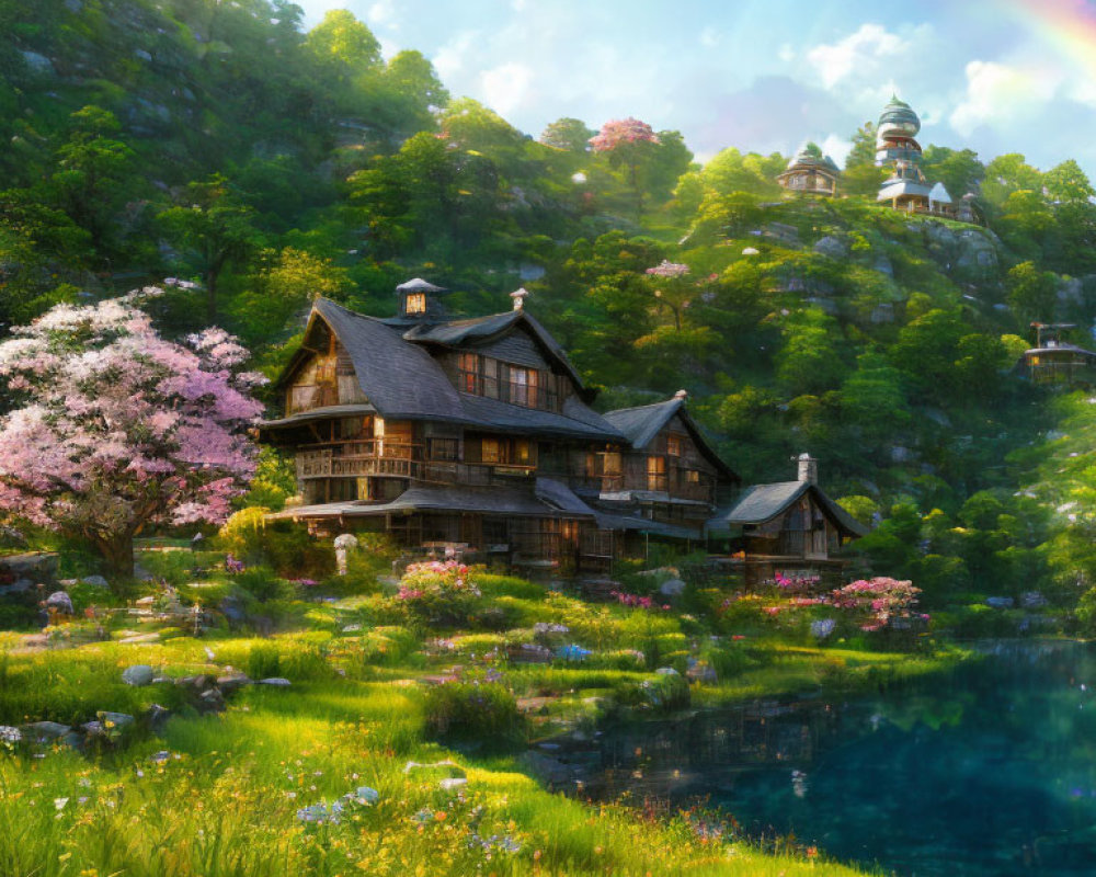 Tranquil lakeside scene with wooden houses, cherry blossom tree, lighthouse, and rainbow.