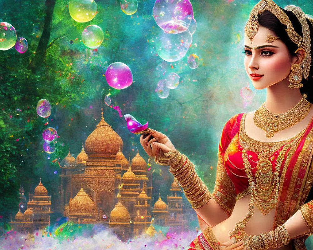 Traditional Indian woman in attire and jewelry touching bubble with temple backdrop