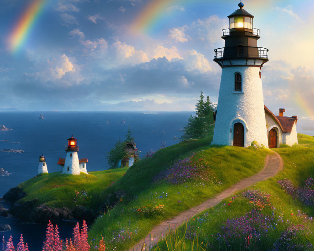 Scenic landscape with primary and distant lighthouses, lush flora, and double rainbows