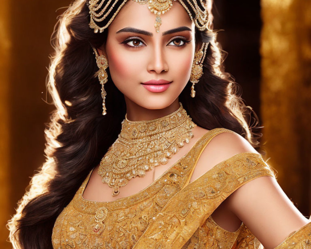 Traditional Indian bridal attire with gold jewelry on woman against golden backdrop