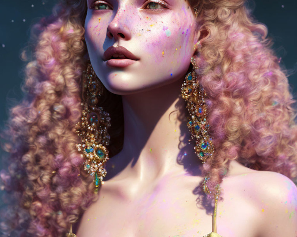 Digitally rendered young woman with freckles and colorful skin speckles, curly blonde hair,