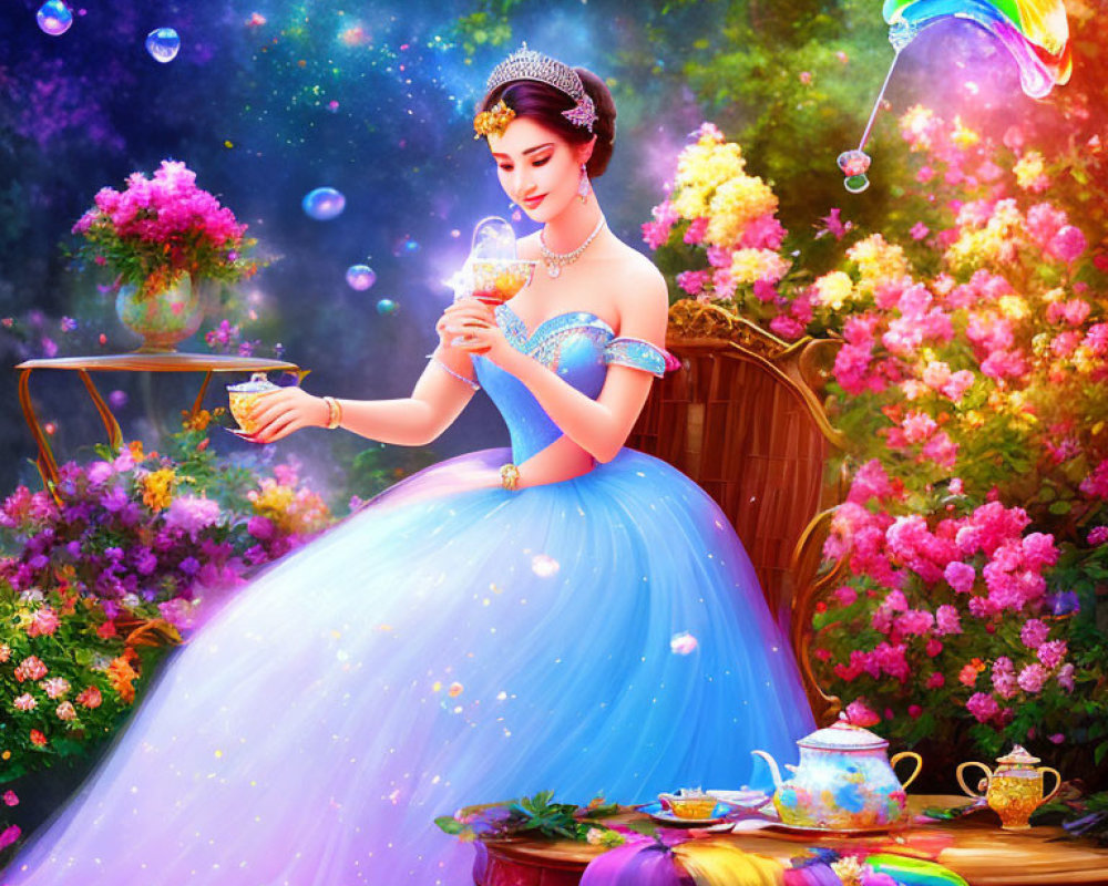 Woman in Blue Gown Sits by Tea Set in Colorful Garden