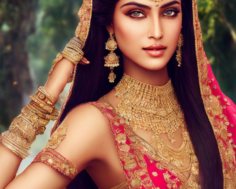 Traditional Indian Bridal Attire with Gold Jewelry and Henna Pose