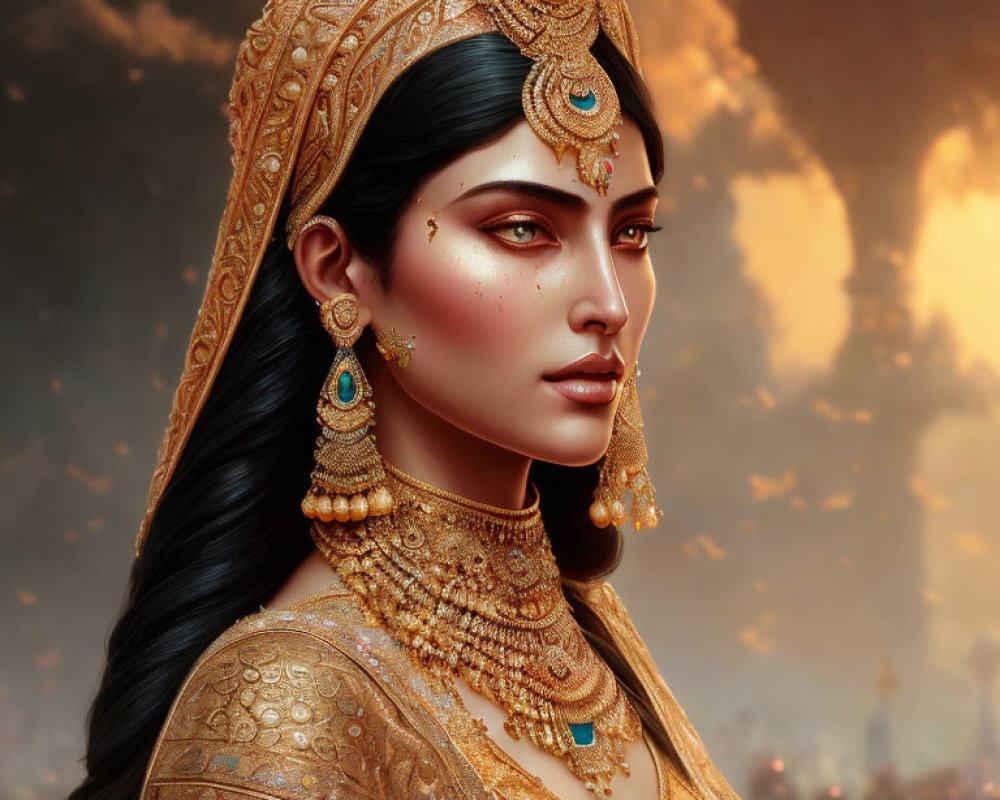 Elaborate Traditional Indian Jewelry on Woman in Digital Art