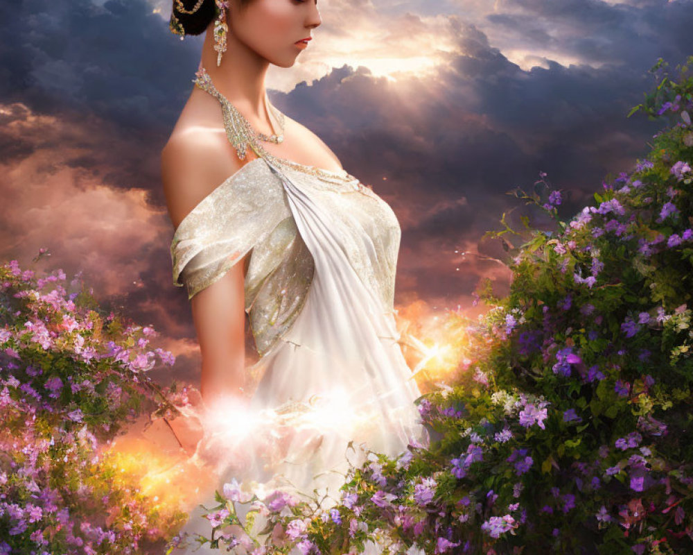 Woman in white toga with golden jewelry surrounded by purple flowers under dramatic sky