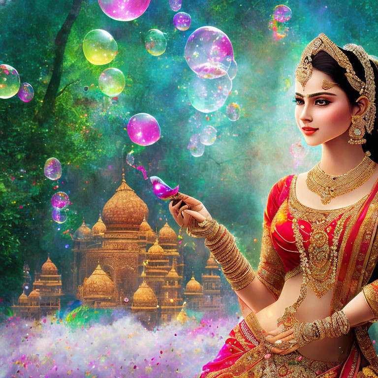 Traditional Indian woman in attire and jewelry touching bubble with temple backdrop