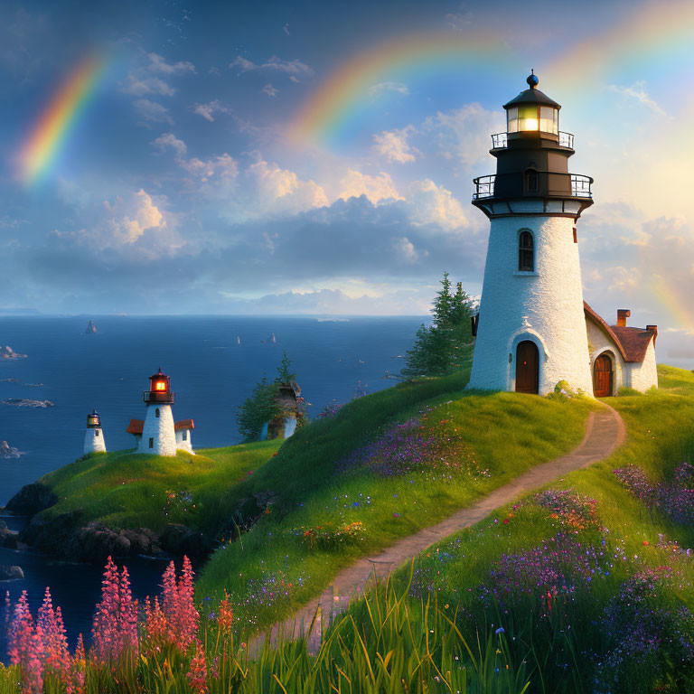 Scenic landscape with primary and distant lighthouses, lush flora, and double rainbows