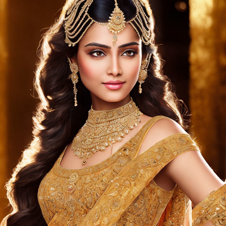 Traditional Indian bridal attire with gold jewelry on woman against golden backdrop