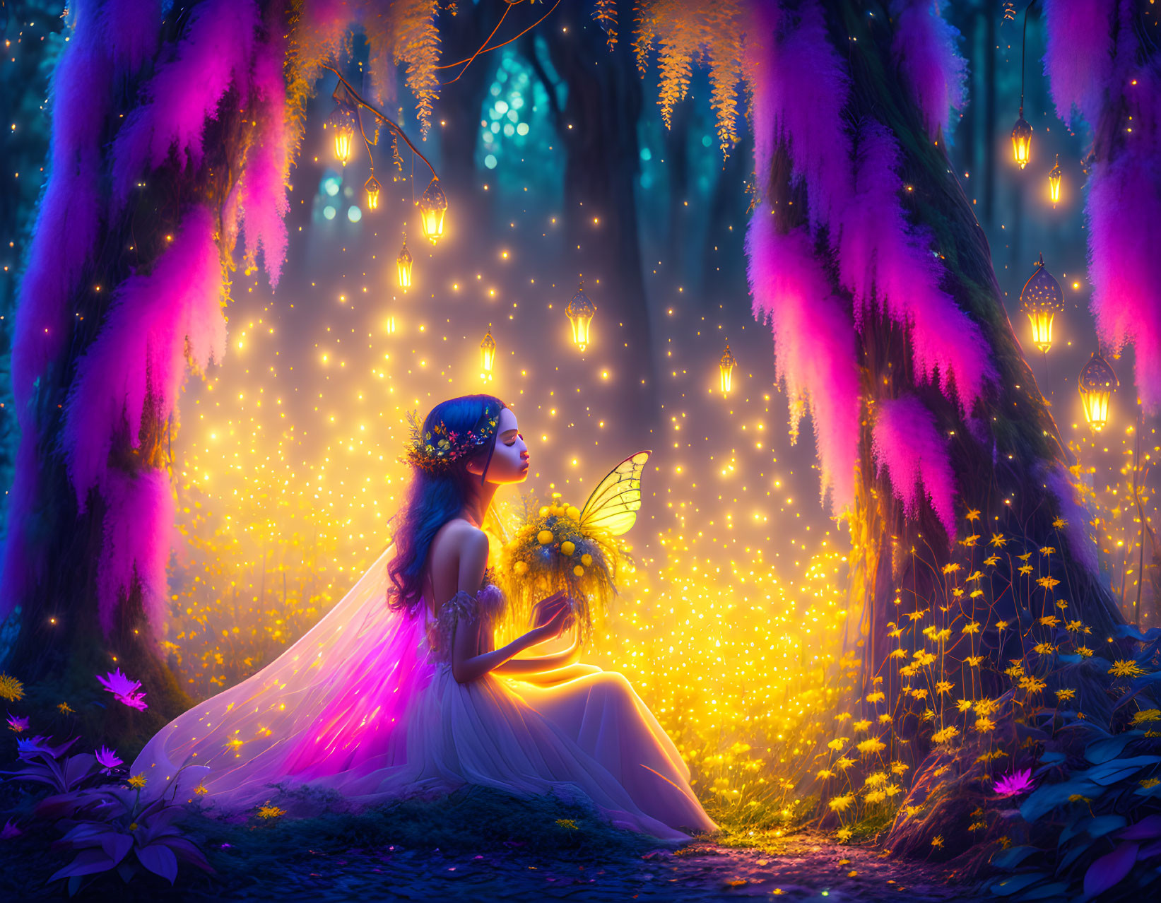 Woman in flowing dress in enchanted forest with glowing lights and lanterns, holding bouquet.