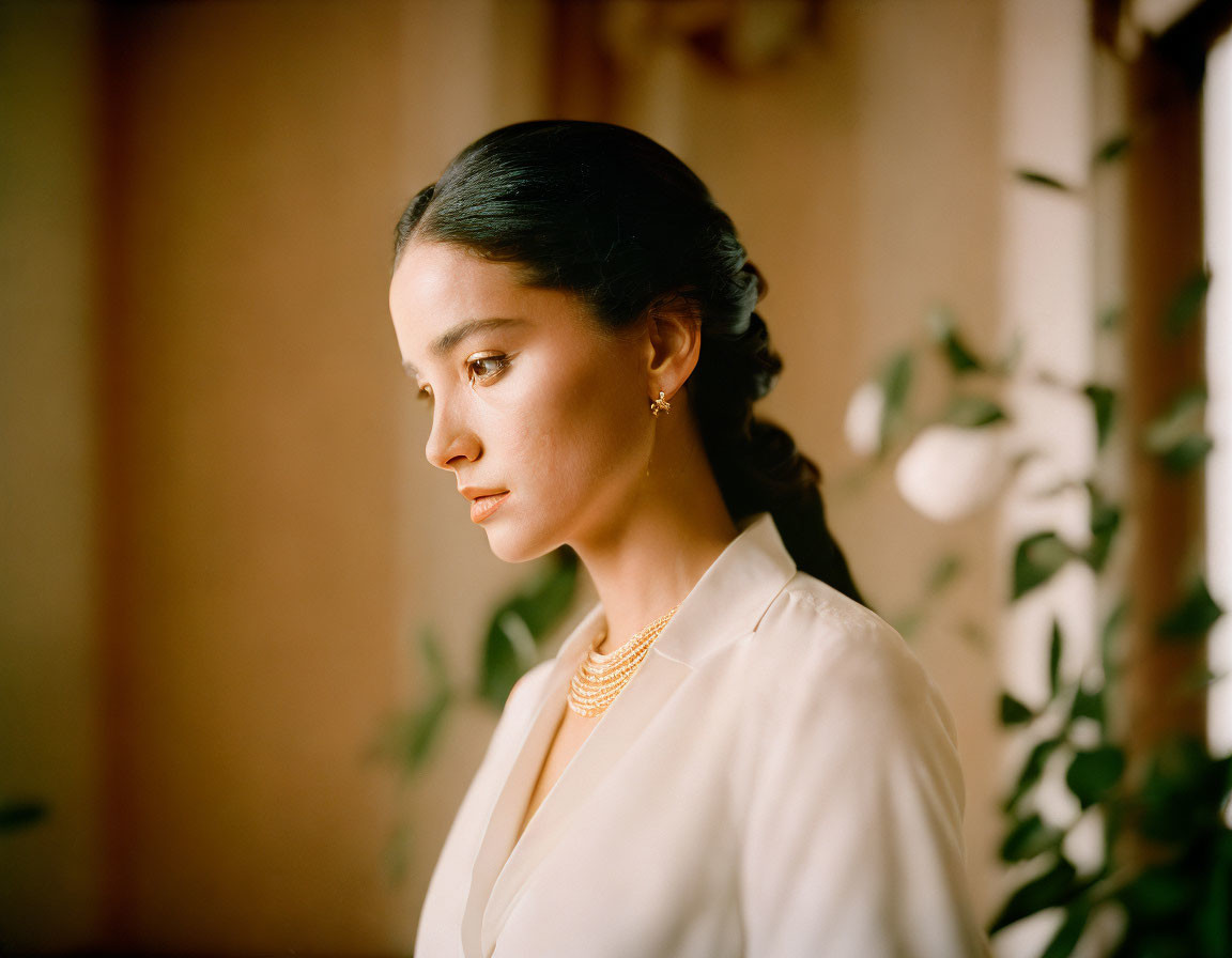 Dark-haired woman in cream blouse and gold necklace, surrounded by indoor plants