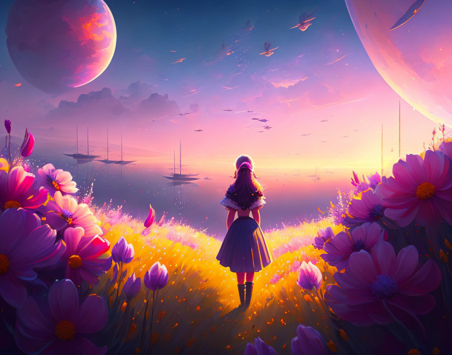 Girl in vibrant flower field at sunset with moon, birds, and sailboats.