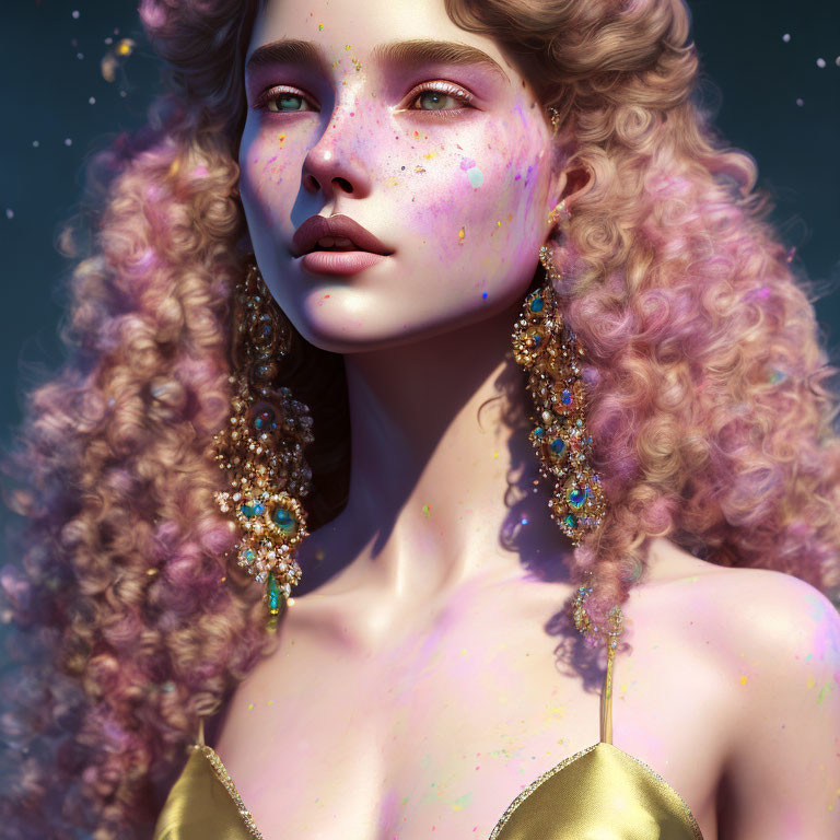 Digitally rendered young woman with freckles and colorful skin speckles, curly blonde hair,