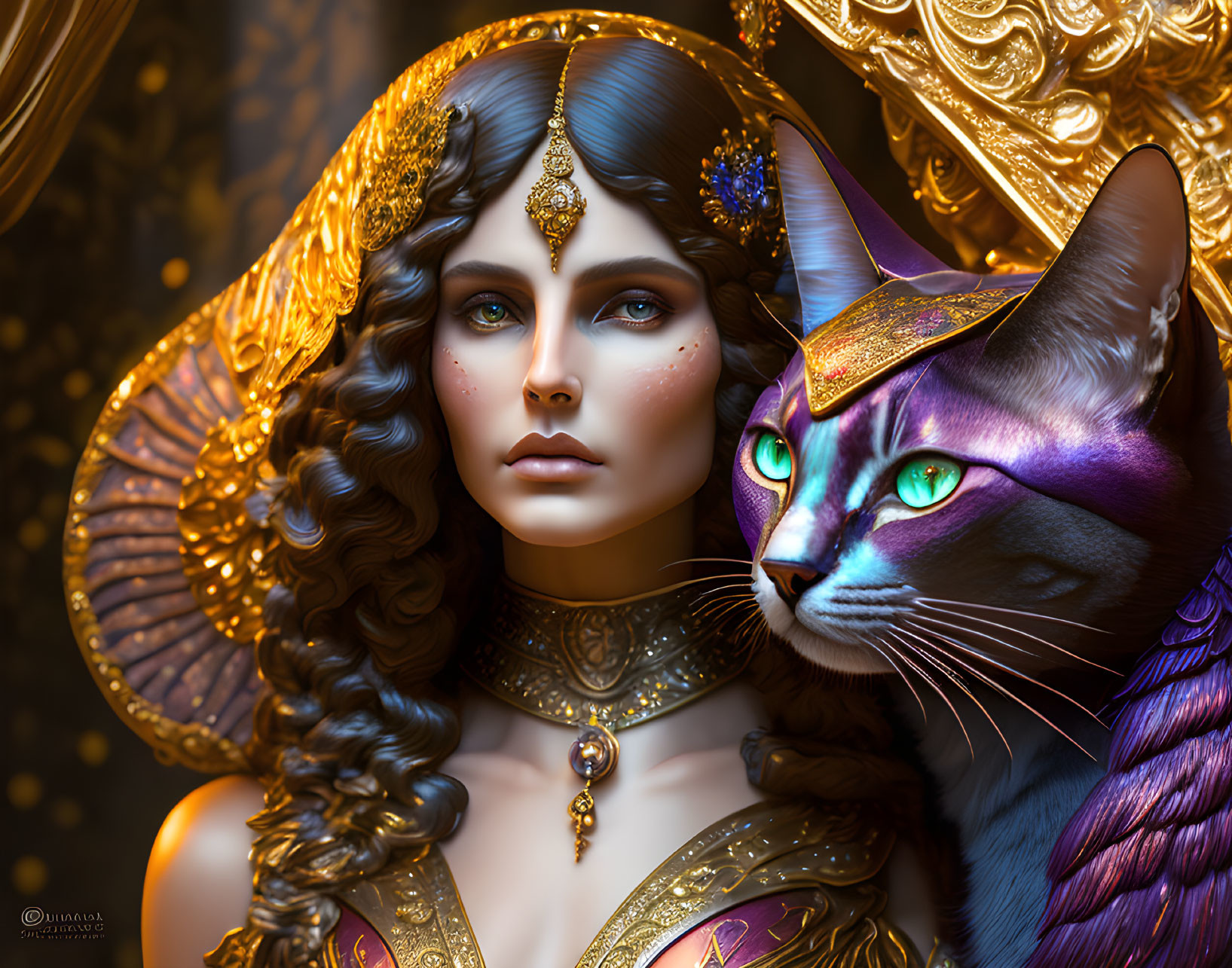 Digital art: Woman in gold and purple attire with majestic cat and headdress