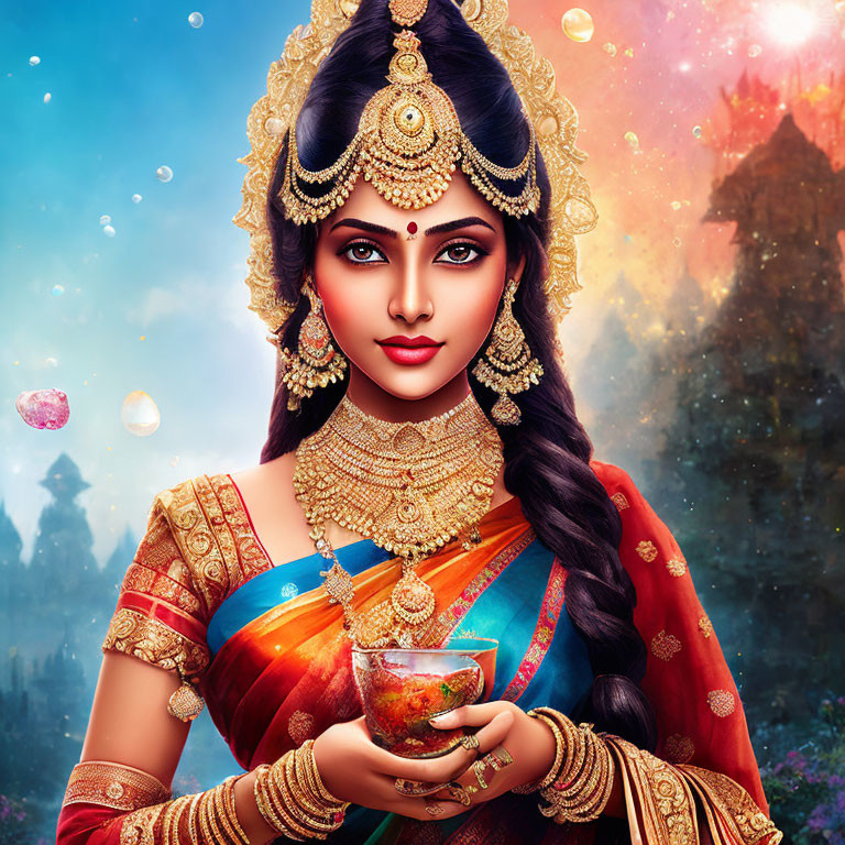 Digital artwork of woman in Indian bridal attire with gold jewelry against mystical background