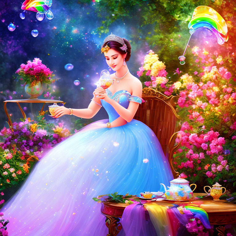 Woman in Blue Gown Sits by Tea Set in Colorful Garden