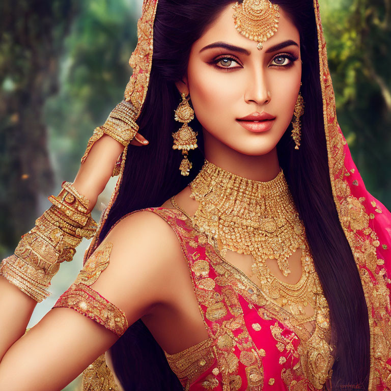 Traditional Indian Bridal Attire with Gold Jewelry and Henna Pose