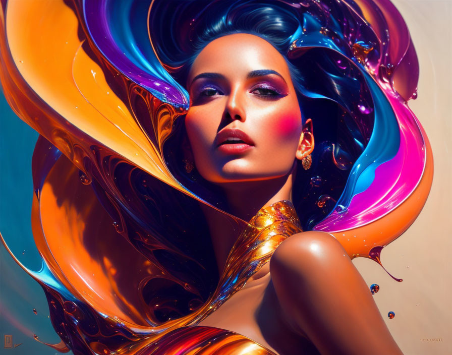 Colorful abstract digital artwork of a woman with flowing shapes