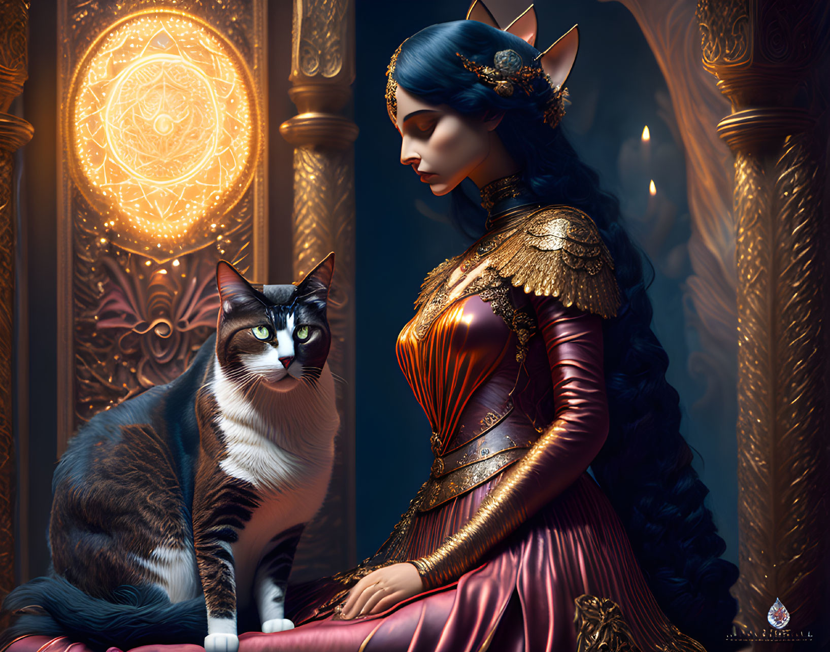 Fantasy illustration of woman in ornate medieval attire with elven ears and cat