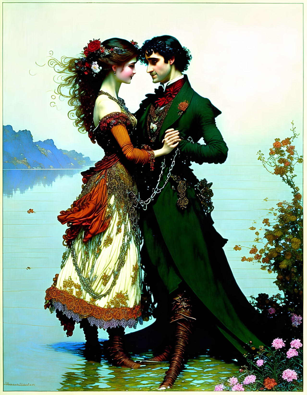 Vintage Attired Couple Dancing by Serene Lake with Mountain Backdrop