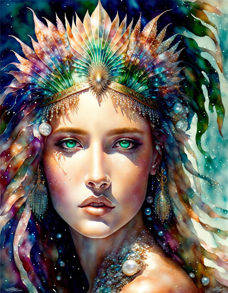 Vibrant portrait of a woman with jewel-encrusted aquatic headdress