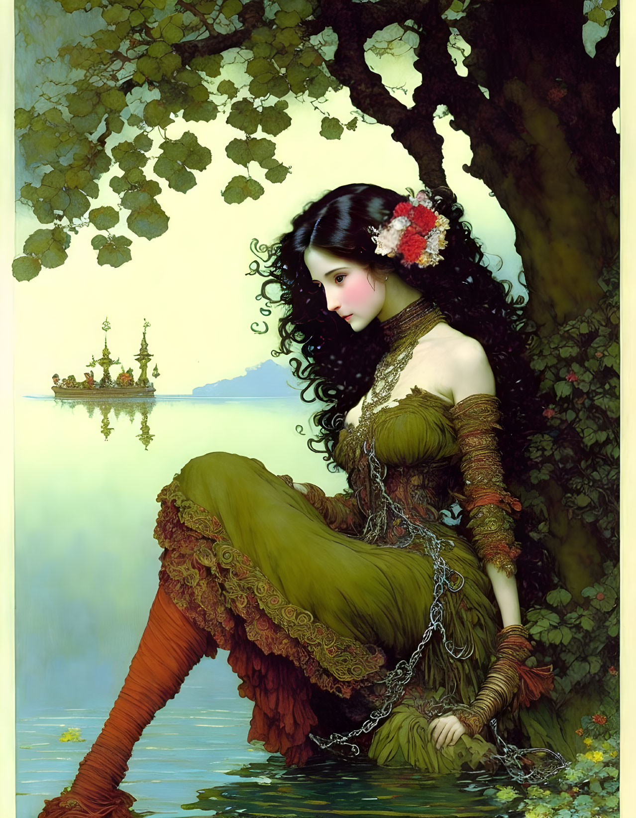 Medieval woman in green dress by water with floating candle crown