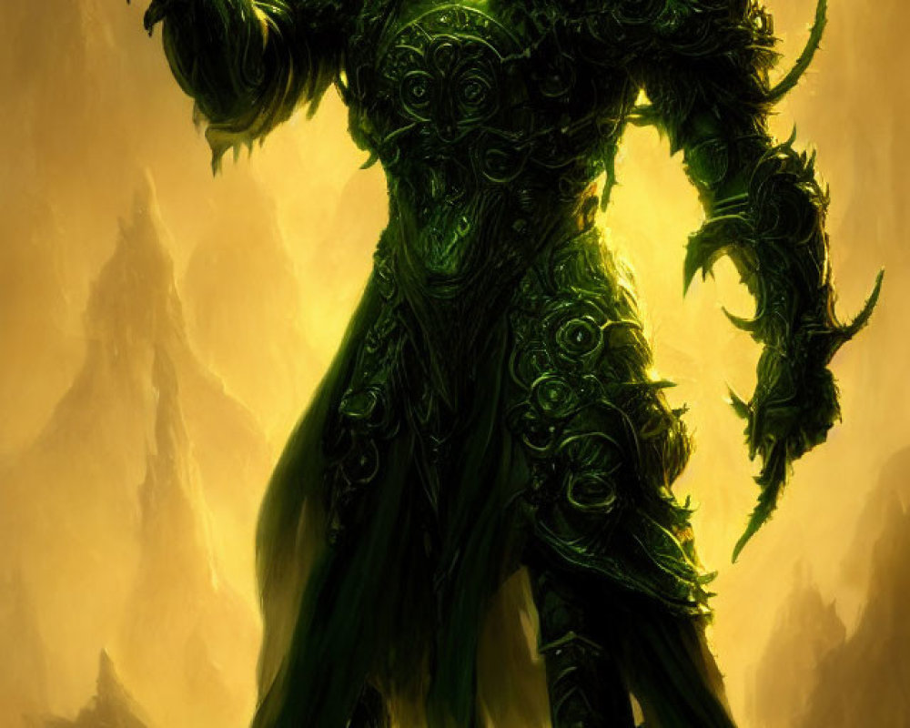 Ornate green armor-clad figure in misty mountainous backdrop