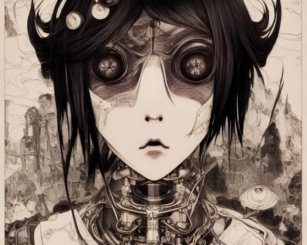 Detailed Drawing of Character with Large Circular Eyes and Mechanical Details on Sepia Background