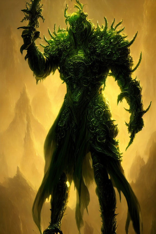 Ornate green armor-clad figure in misty mountainous backdrop