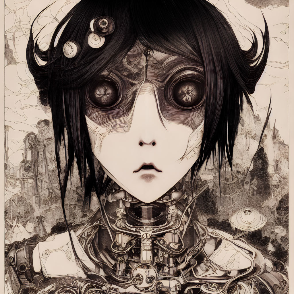 Detailed Drawing of Character with Large Circular Eyes and Mechanical Details on Sepia Background