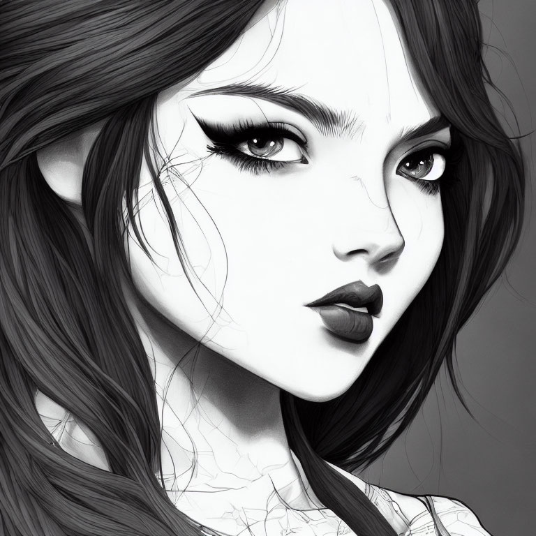 Detailed monochrome illustration of a woman with striking eyes, dark lips, and flowing hair.