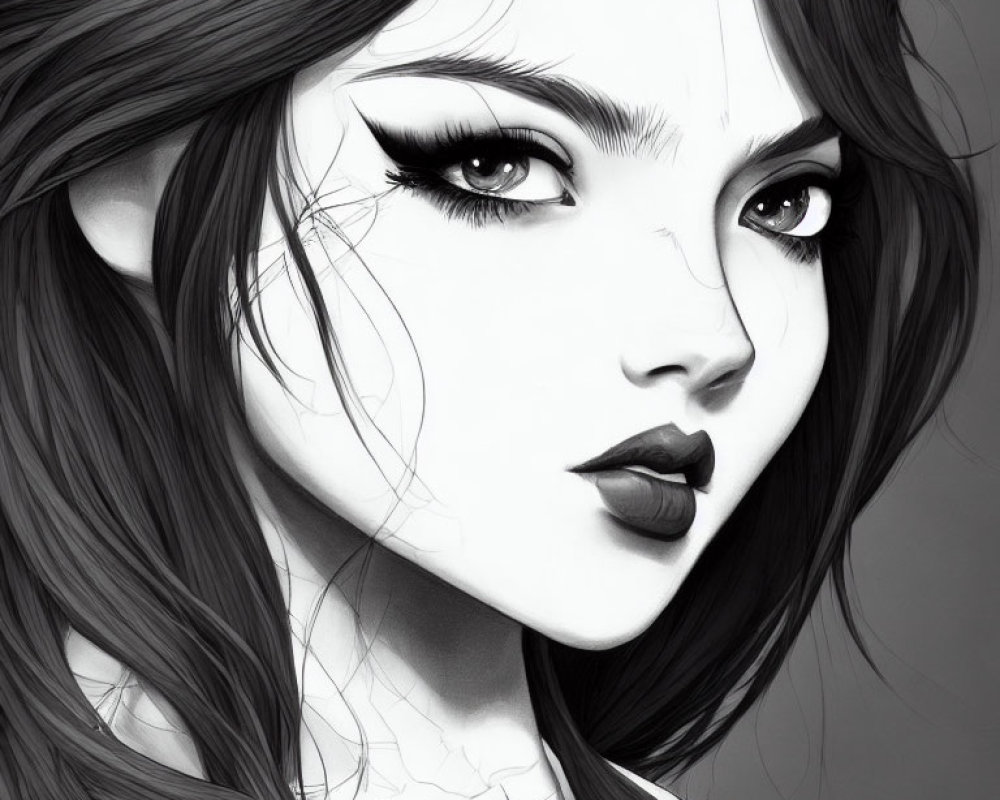 Detailed monochrome illustration of a woman with striking eyes, dark lips, and flowing hair.