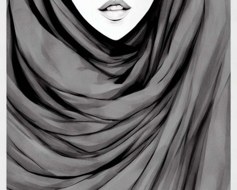 Monochrome illustration of person in hijab with striking eyes