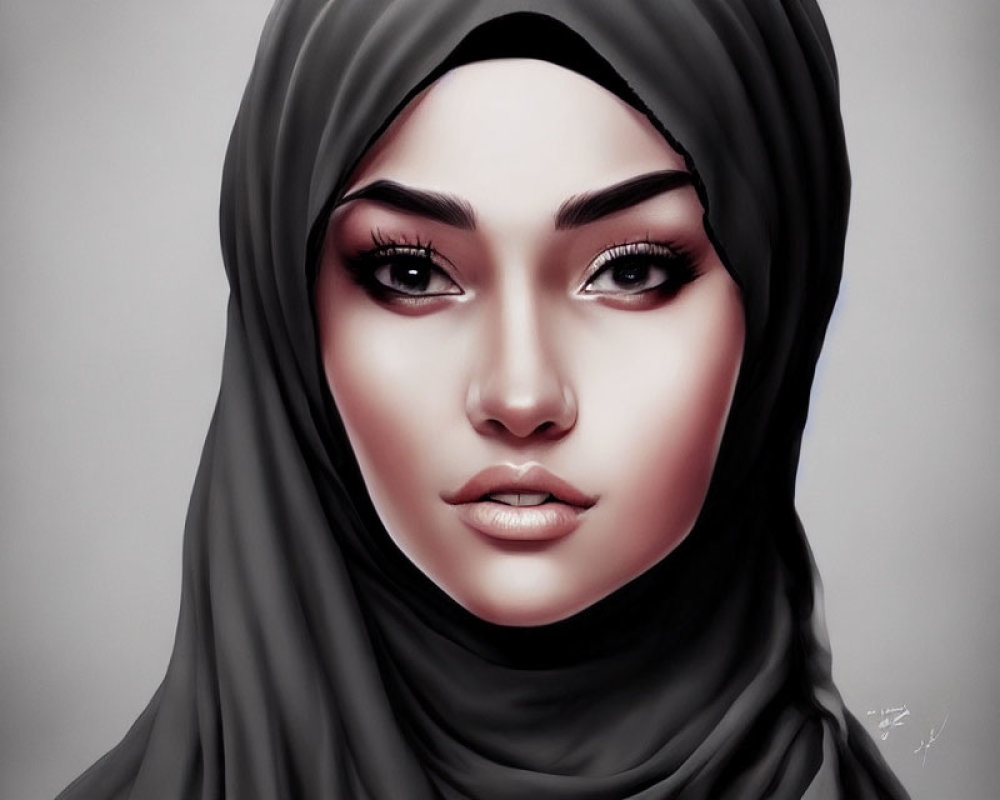 Detailed Hijab Woman Illustration with Defined Eyes and Soft Shading