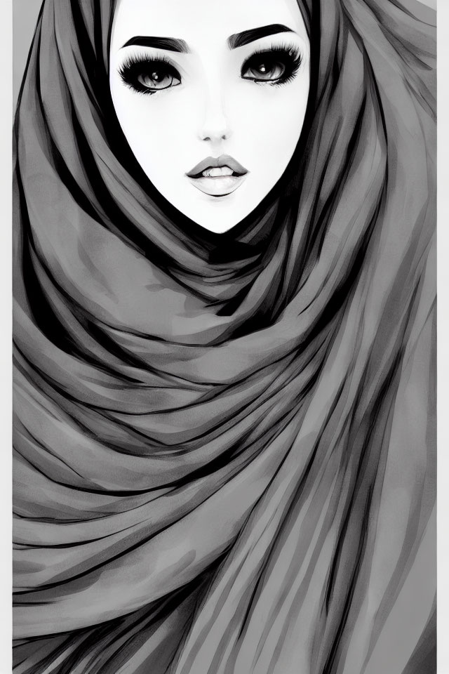 Monochrome illustration of person in hijab with striking eyes