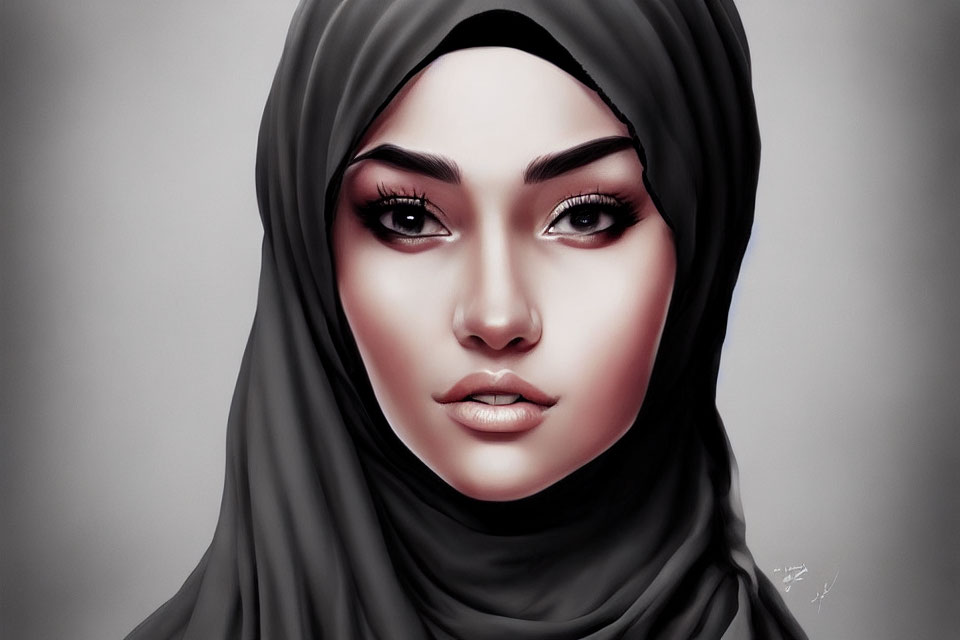 Detailed Hijab Woman Illustration with Defined Eyes and Soft Shading