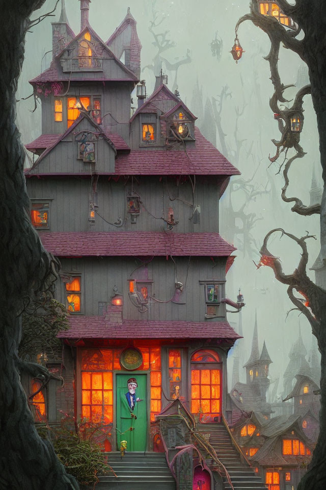 Towering illuminated treehouse in misty forest with figure at entrance